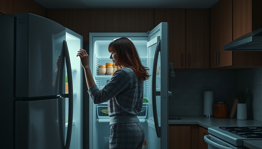 Woman in pajamas searching fridge for best late night snacks for gut health.