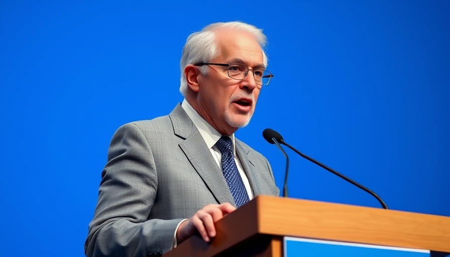 Elderly man passionately speaking at a podium with blue backdrop