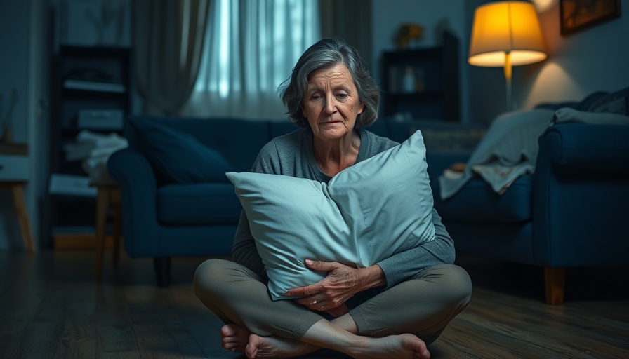 Lonely middle-aged woman in dim room, showing sadness.