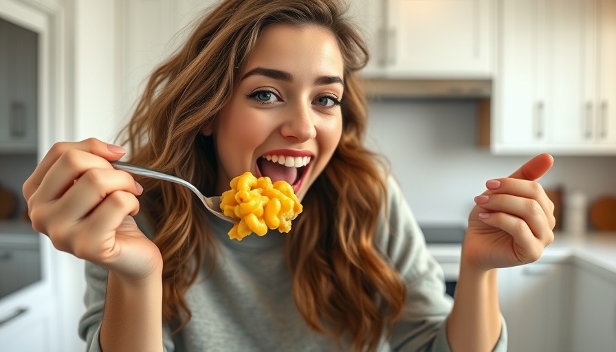 Young woman upgrading boxed mac & cheese in a bright kitchen.