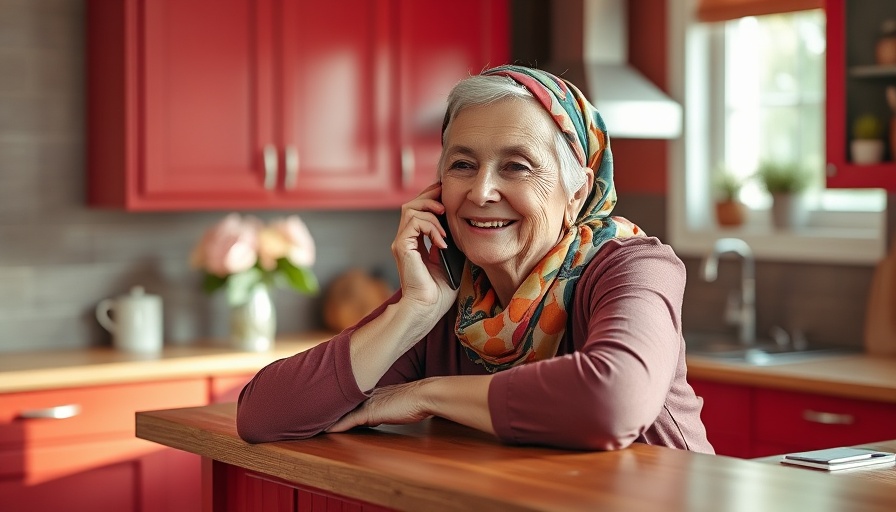 Older woman in kitchen talking on phone, cozy atmosphere