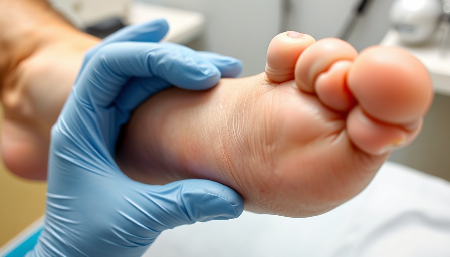 Foot with pitting edema checked by gloved hand in medical setting.
