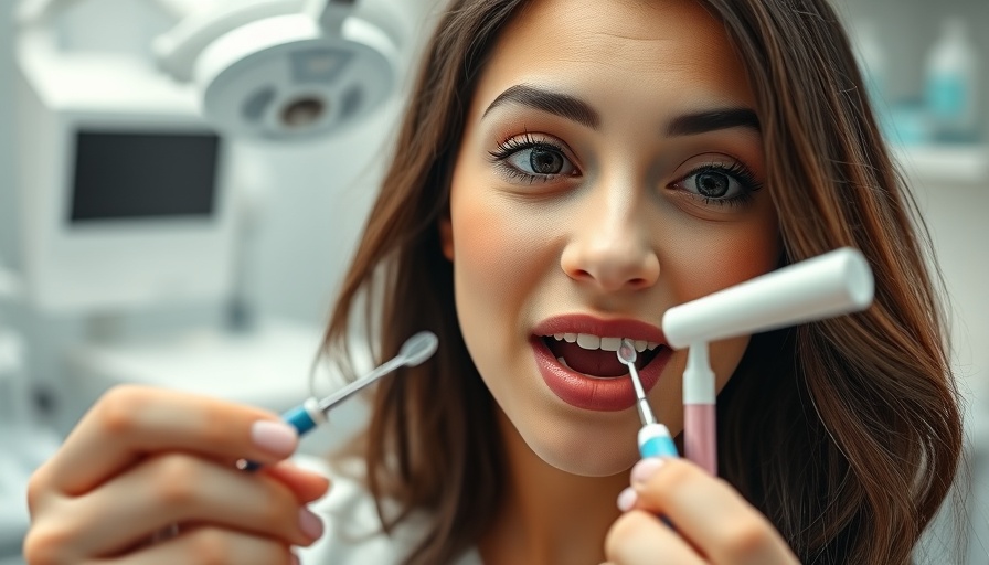 Woman examining dental tools in modern dental office with curiosity.