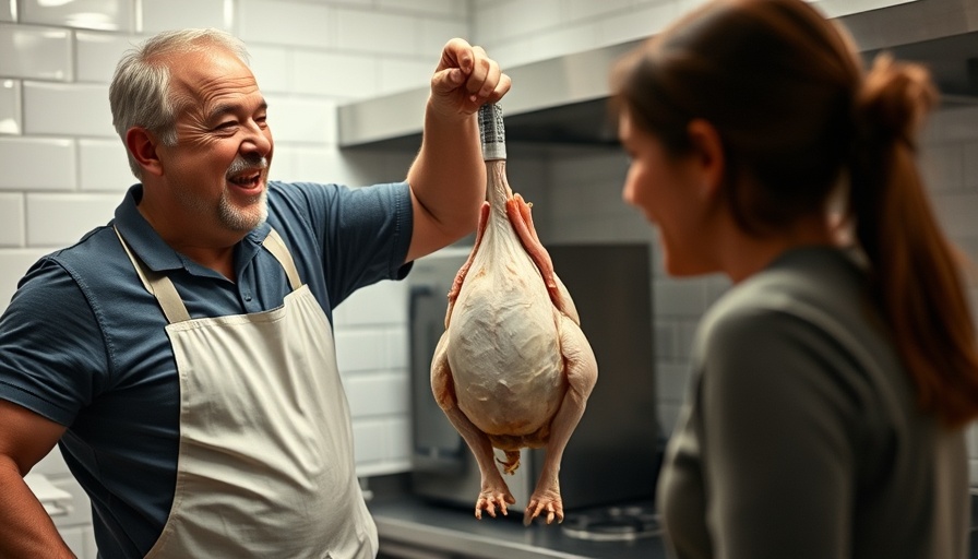 Man inflating chicken carcass, demonstrating lung capacity and health, with smiling woman.