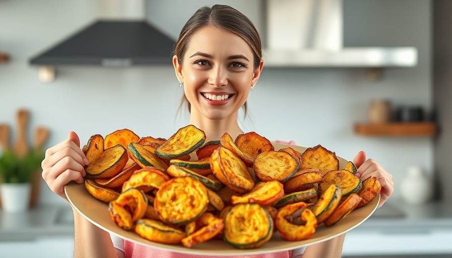 Smiling woman displaying low carb fried zucchini snacks in kitchen.