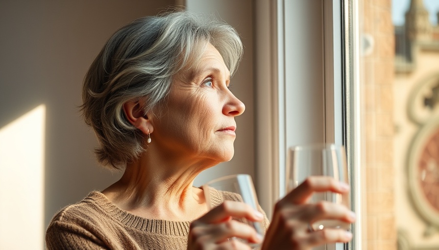 Middle-aged woman looking out window thoughtfully, related to Vitamin D Alzheimer Risk.