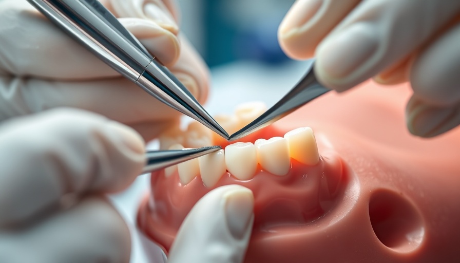 Close-up of dental tools cleaning model teeth, demonstrating techniques.