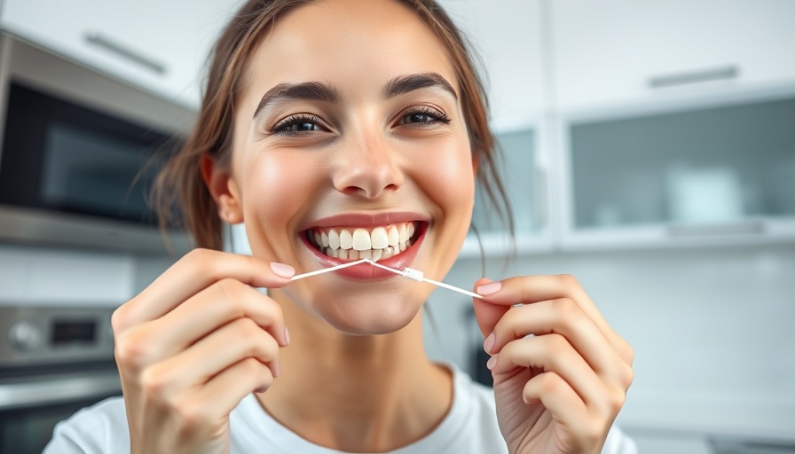 Dental care while traveling: Woman using dental floss in modern kitchen.