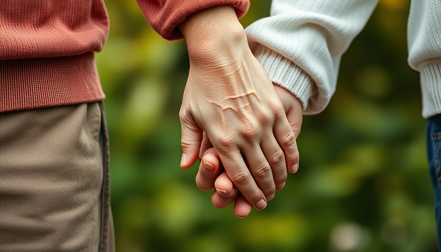 Close-up of older couple's hands showing connection, nature backdrop.