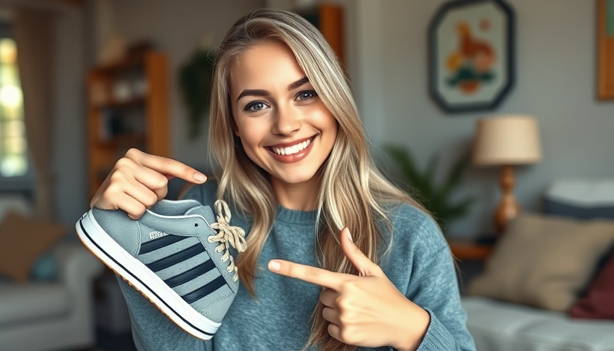 Foot health tips shared by a smiling woman pointing at a sneaker.