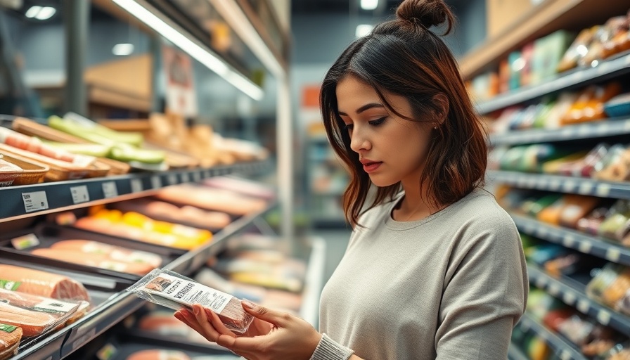 Woman examining processed meat in store for heart health.