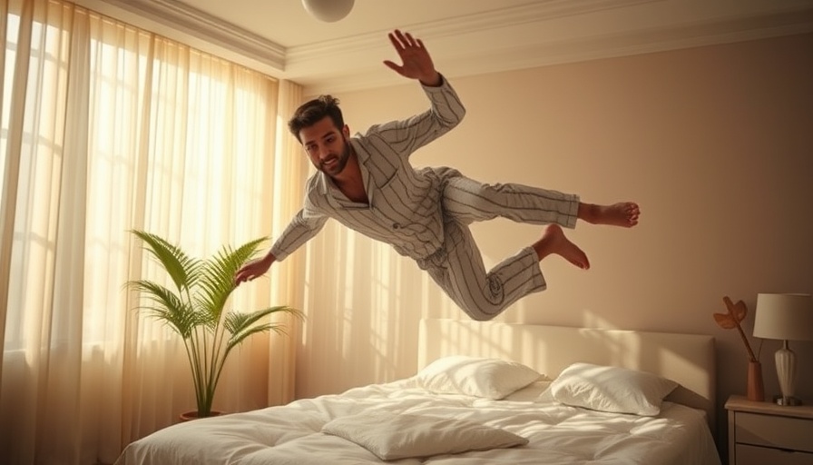 Man simulating a fall above a bed, illustrating hypnic jerks.