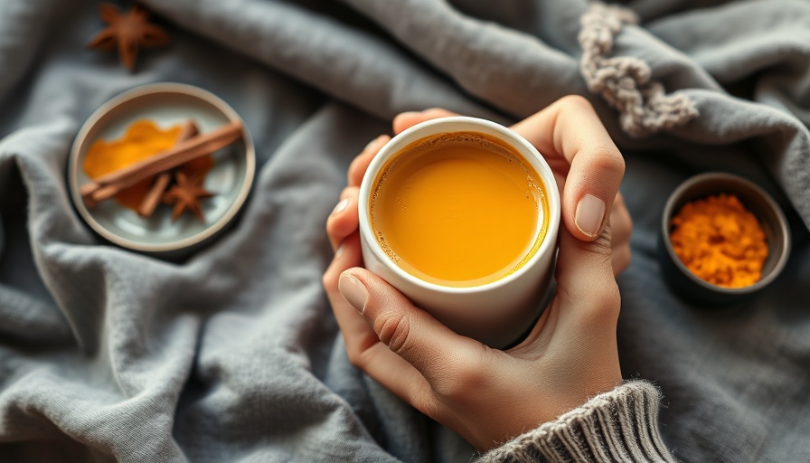 Warm turmeric coffee cup held by hands with spices around.