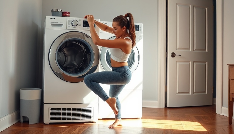 Young woman practicing functional fitness by a laundry machine.