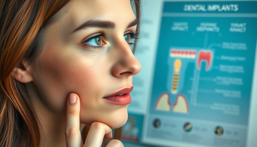 Pensive woman considering dental implants with tooth diagram, medical setting.
