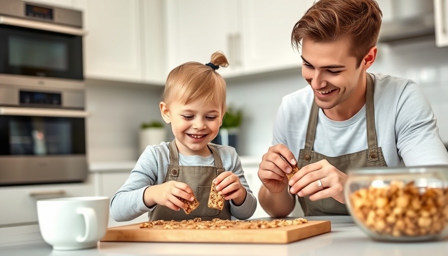Young child and adult making homemade Go Go Granola Bars in kitchen.