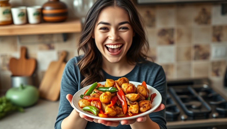 Joyful woman holding low carb Kung Pao chicken plate in kitchen