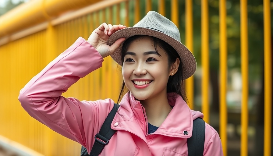 Smiling young woman in pink jacket at park.