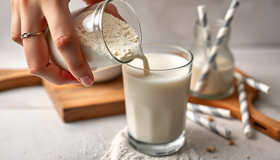 Protein powder being mixed with milk in a glass.