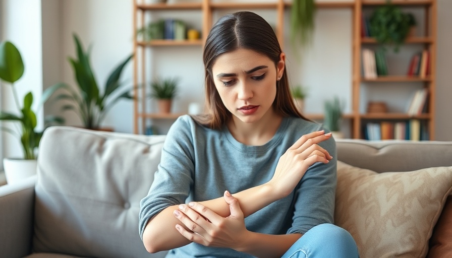 Young woman examines forearm in living room, possibly circular rashes.