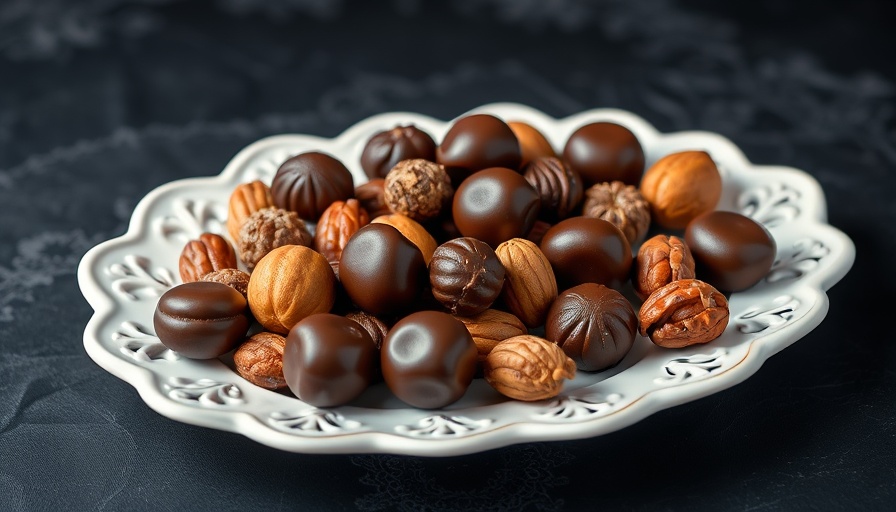 Glossy assorted chocolate-covered nuts on decorative plate
