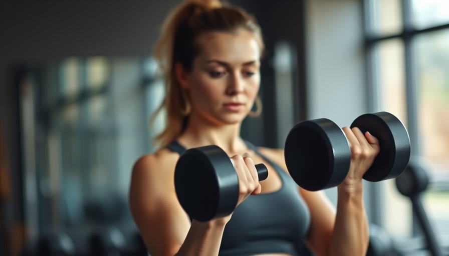 Woman lifting dumbbell indoors, strength training focus.