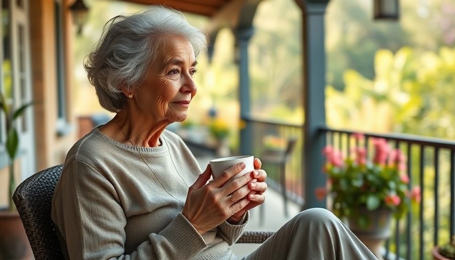 Serene older woman enjoying coffee with Vitamin D benefits in outdoor garden.