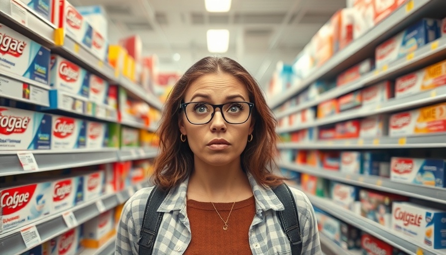 Confused shopper in store aisle selecting teeth whitening toothpaste.