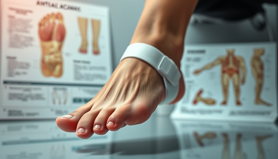 Bunion treatment with corrective brace and anatomical diagram.