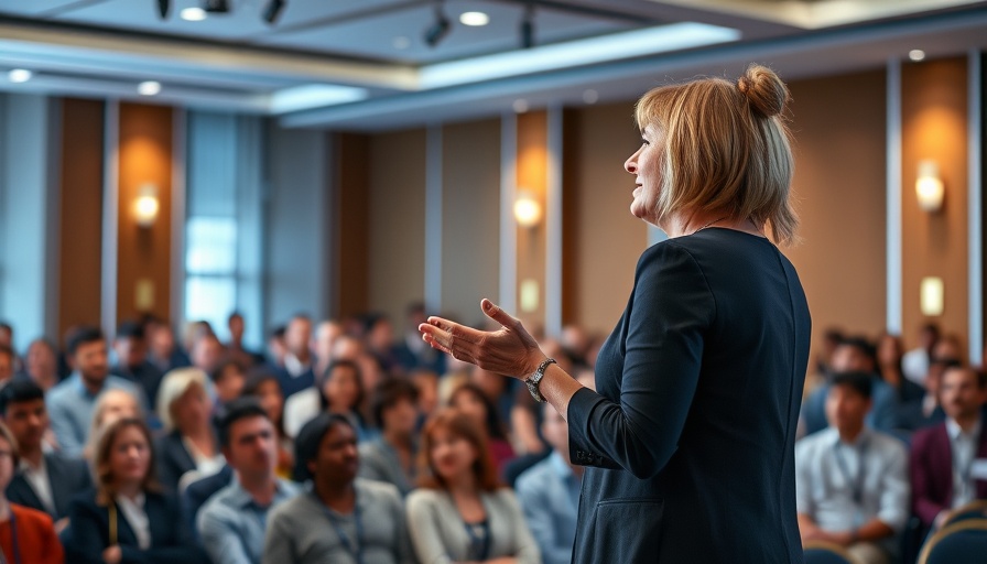 Energetic speaker at dental care event engaging audience confidently.