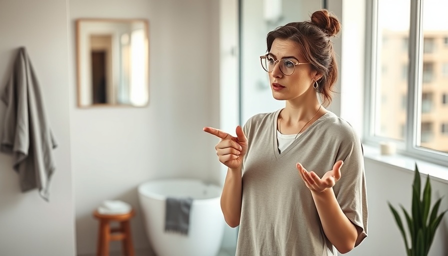 Foot health tips discussion in bathroom setting, concerned woman.