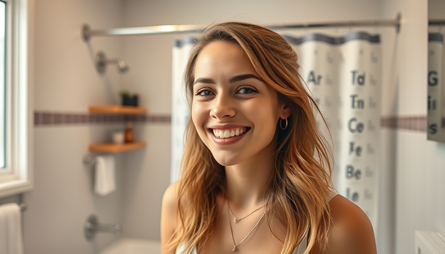 Smiling woman in chemistry-themed bathroom showcasing creative decor.