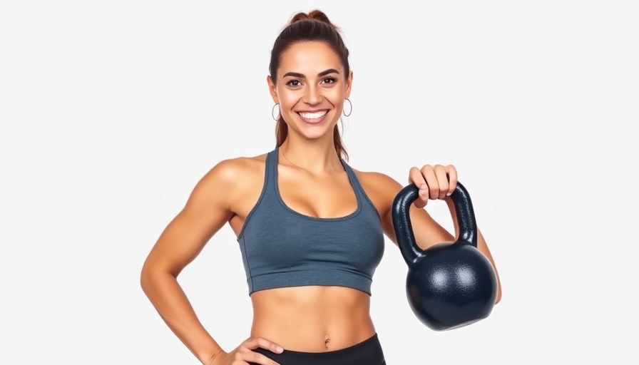 Woman with kettlebell smiling confidently in workout gear.