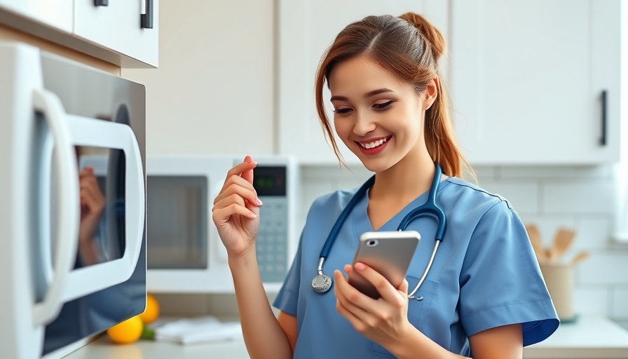 Woman in scrubs using phone and microwave, faking being sick.