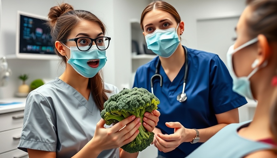 Surprised dental hygienist examines patient with broccoli, dental care.