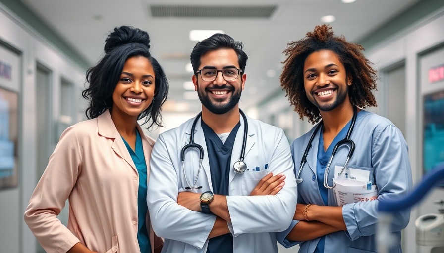 Diverse healthcare team smiling confidently in modern setting, wellness journey.