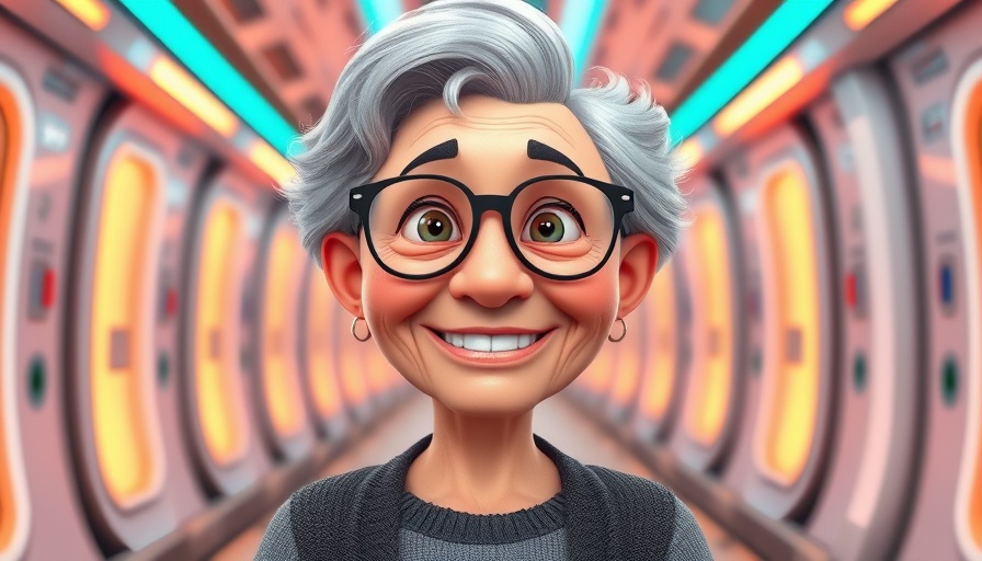 Elderly woman in futuristic corridor on wellness journey.
