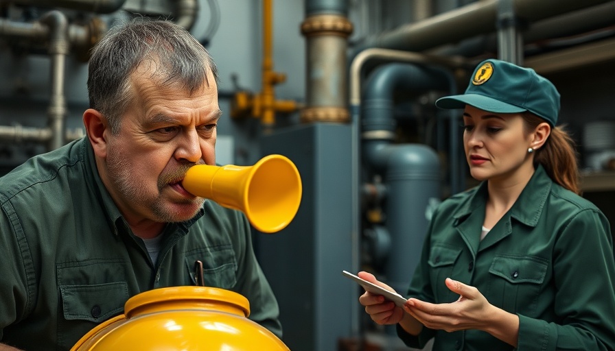 Man demonstrating blower's disease by blowing into a pipe alongside an explainer.