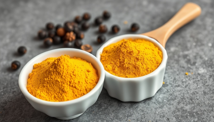 Turmeric and black pepper on gray surface highlighting health benefits.