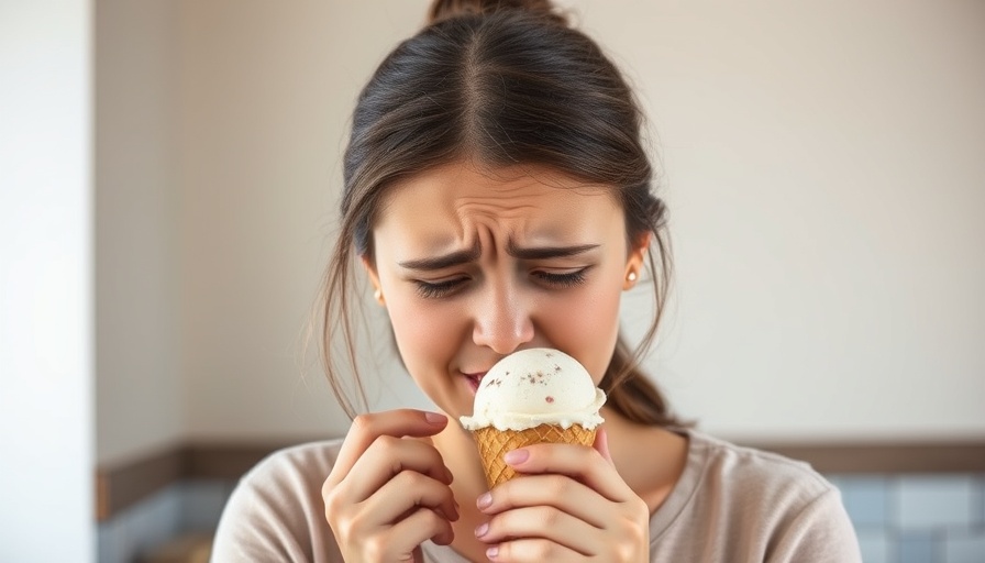Young woman dealing with lockjaw while eating ice cream indoors.