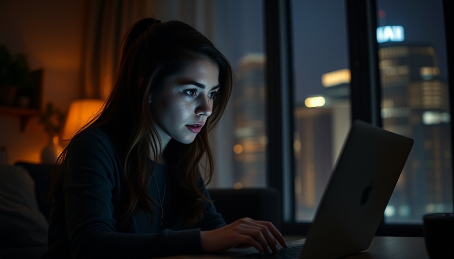 Focused young woman working late at night on laptop in dimly lit room.