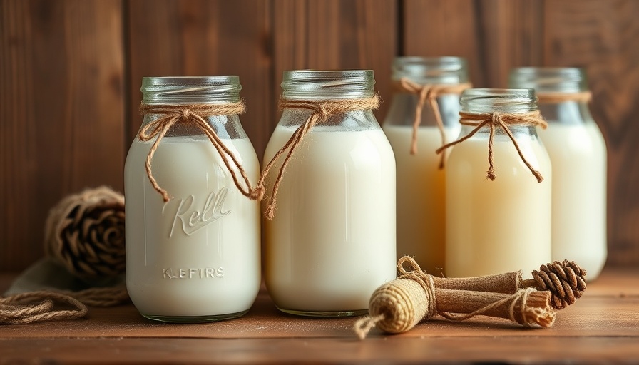 Glass jars of kefir on a rustic wooden table highlighting gut health foods.