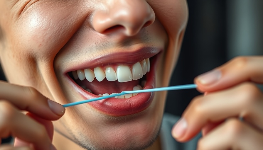 Close-up of smiling person flossing teeth, emphasizing dental care.