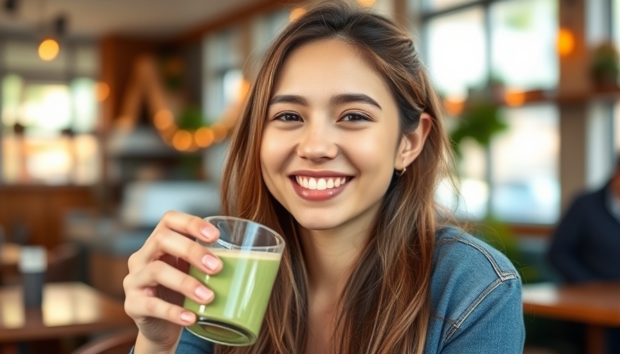 Young woman enjoys matcha latte in a cafe, smiling