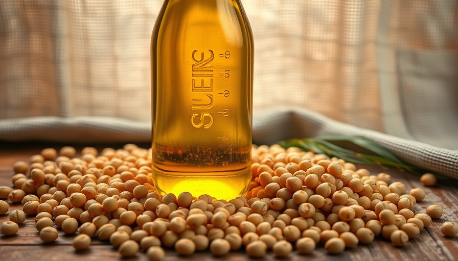Cutting Out Seed Oils Health Benefits: Soybeans and oil on rustic table.