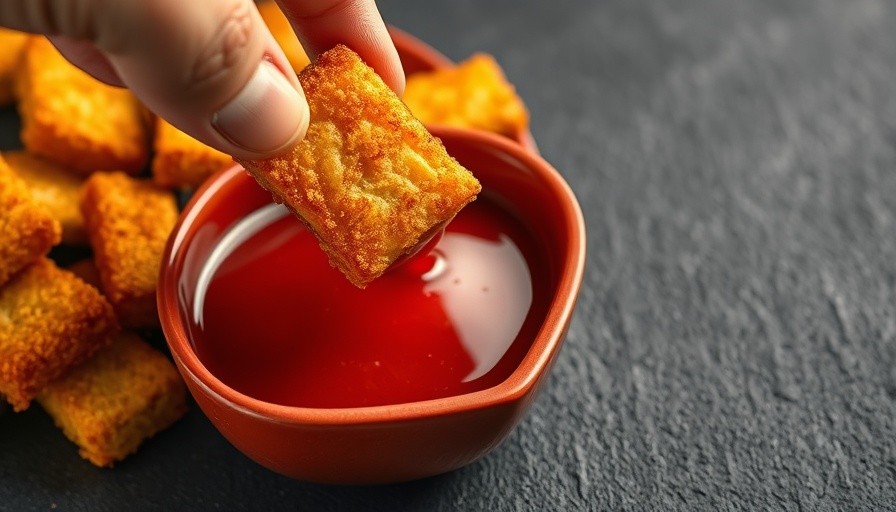 Crispy Tofu 'Fish Fingers' being dipped into sauce.