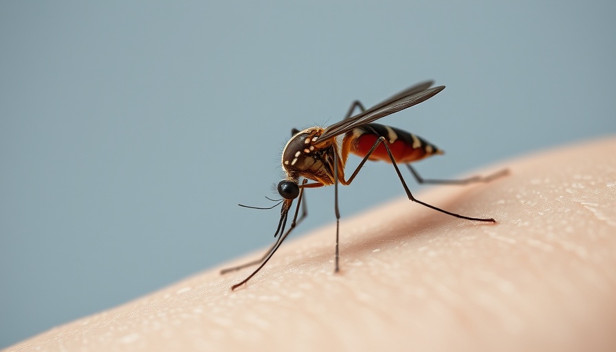 Mosquito biting human skin, related to Chikungunya vaccine advisory.