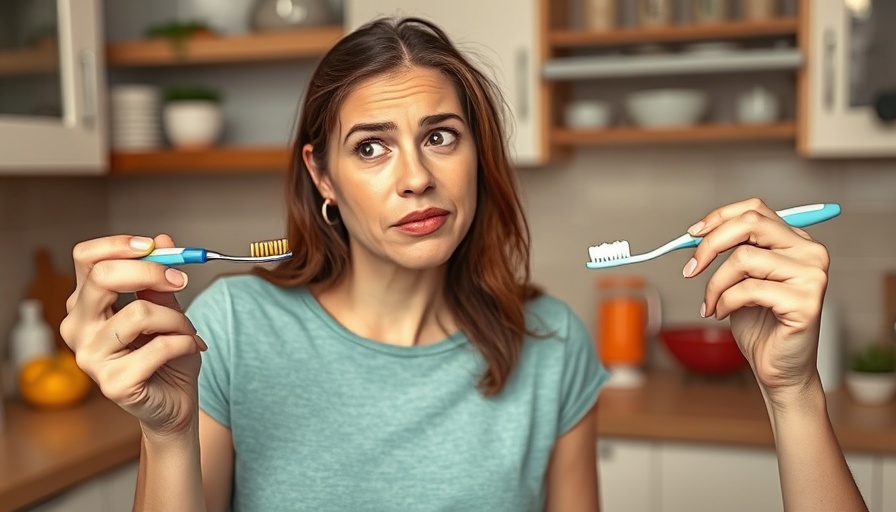 Woman comparing oil pulling vs brushing teeth in a kitchen setting.
