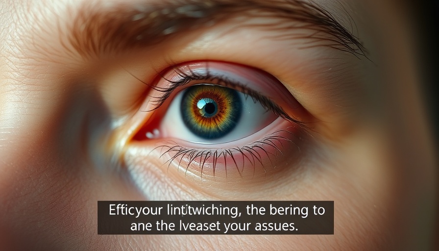 Close-up view of eye twitching with informative captions on causes and solutions.