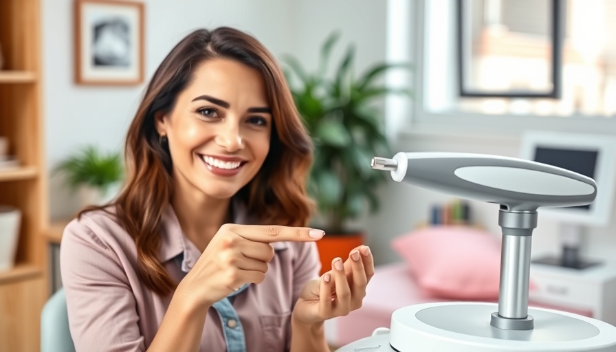 Ingrown toenail solutions demonstration with smiling woman pointing at tool.